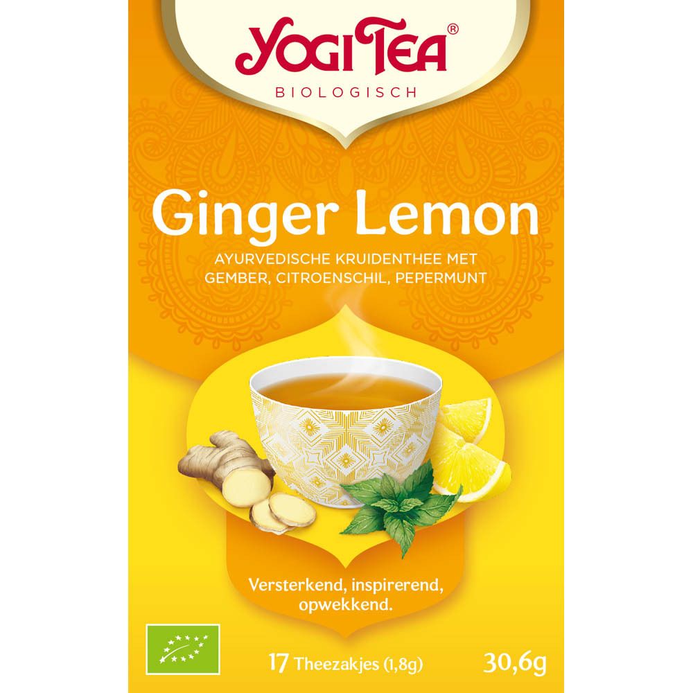 Yogi Tea® Gember Citroen doos. 17 theezakjes, 30,6g. Bio-keurmerk. Illustratie met gember, citroen, munt. Ayurvedische thee.