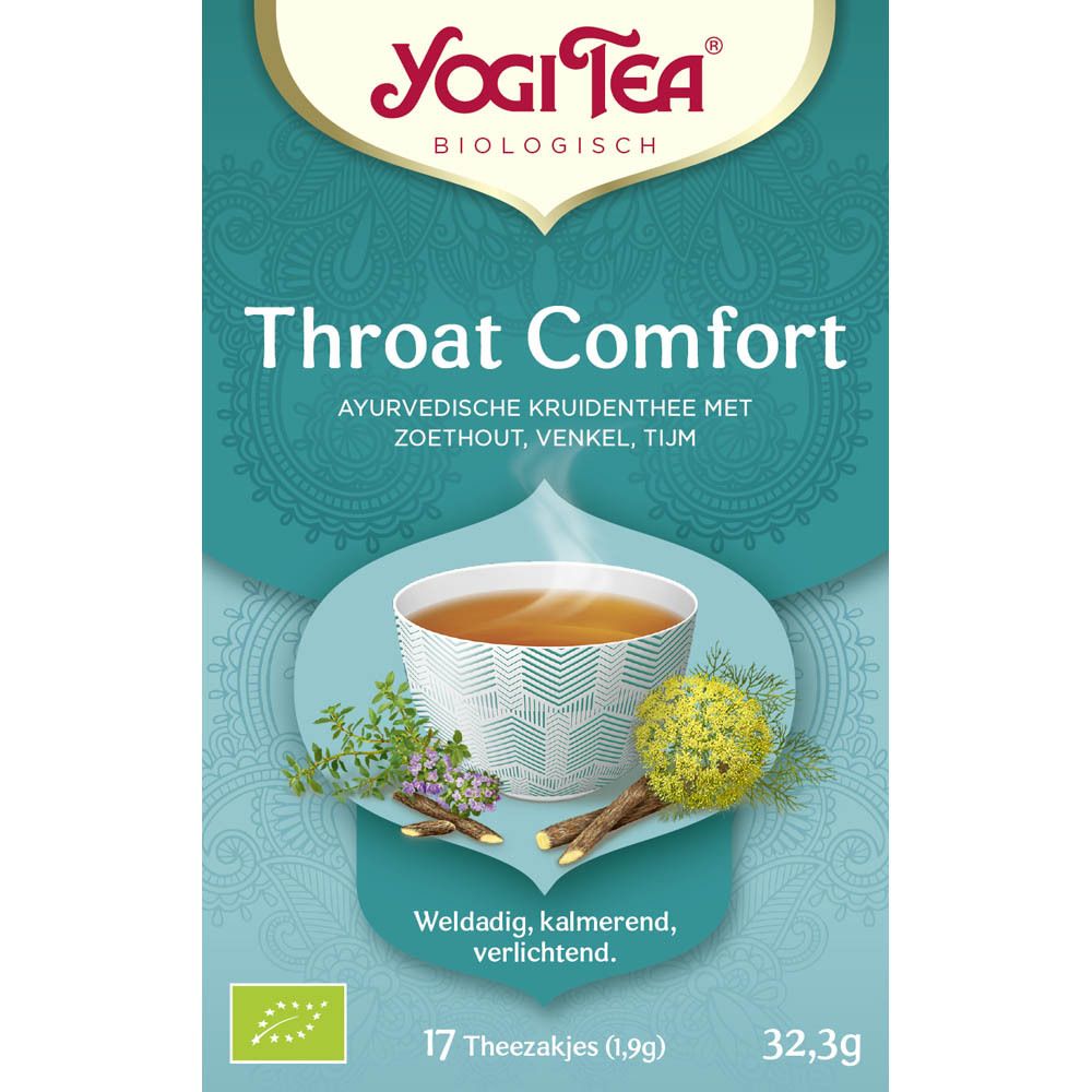 Turquoise Yogi Tea® doos. Opschrift: Throat Comfort. 17 theezakjes. Bio-keurmerk.