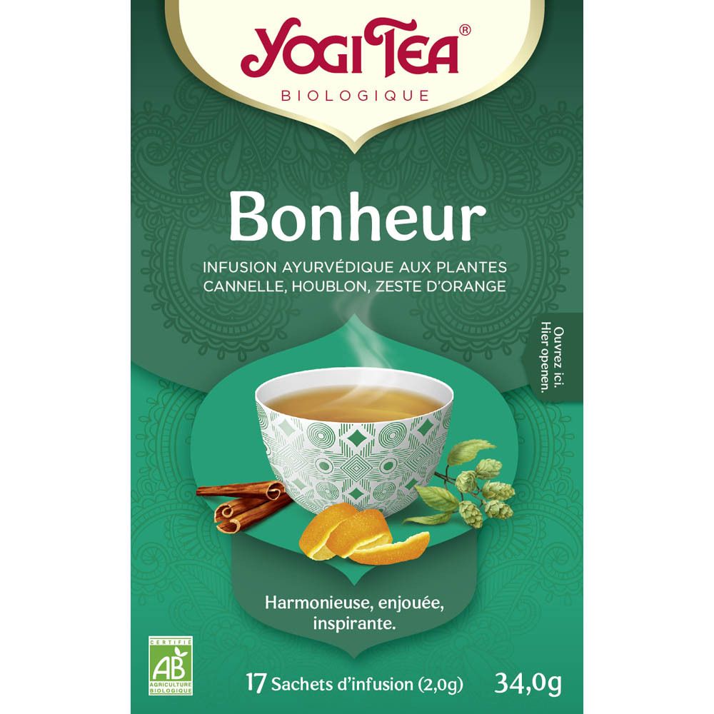 Boîte Yogi Tea® Bonheur. Verte, avec illustration, ingrédients et 17 sachets. Label AB Bio.