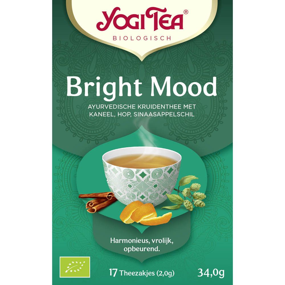 Yogi Tea® Bright Mood verpakking. Groen, met productafbeelding, ingrediënten en 17 zakjes. Bio-label.