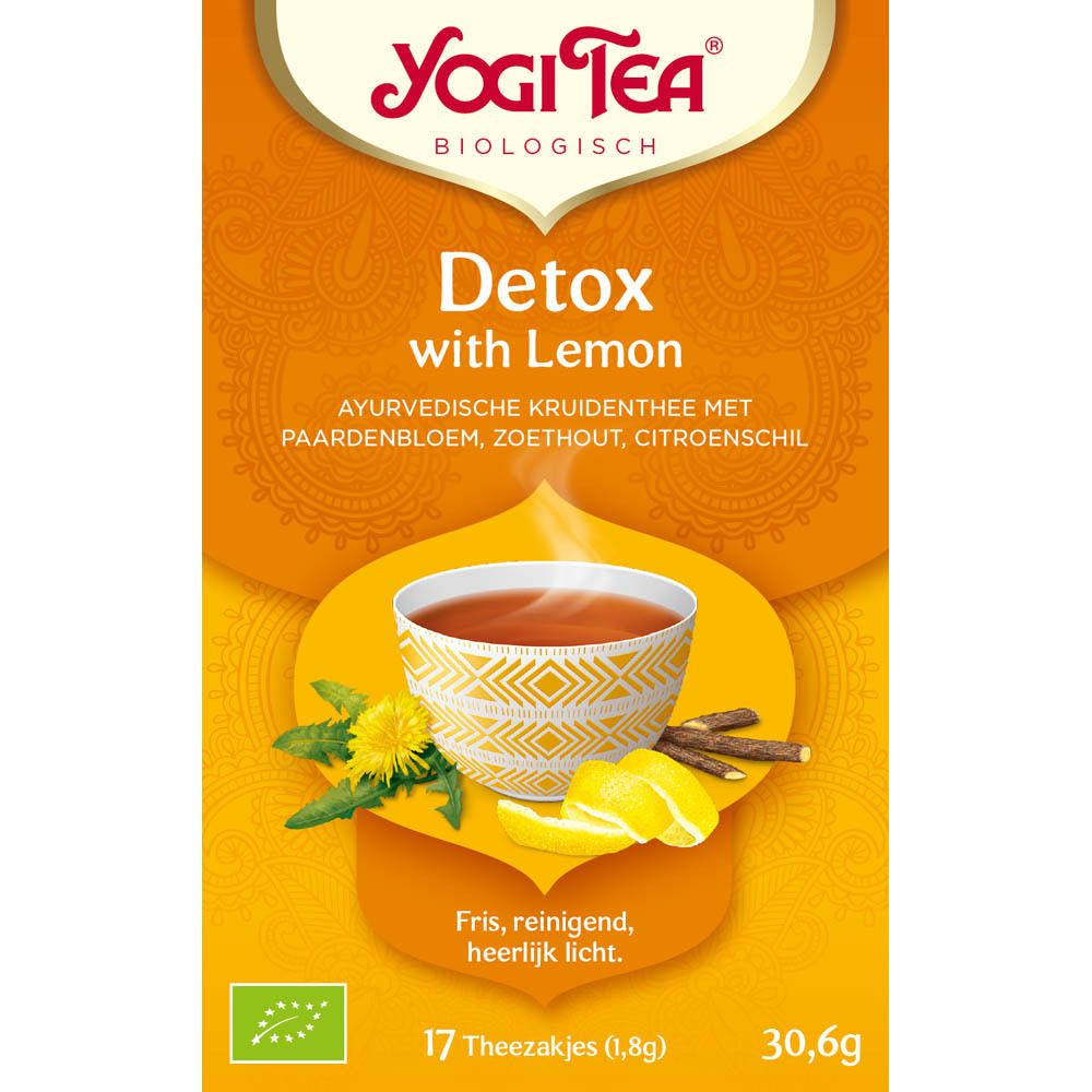 Yogi Tea® Detox with Lemon doos met 17 zakjes. Tekst: Detox with Lemon, ayurvedische kruidenmix, EU-bio logo.