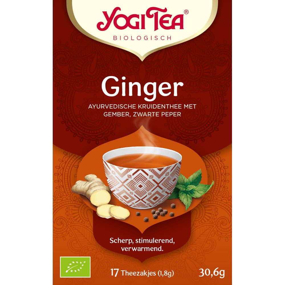 Yogi Tea® Ginger doos. Opschrift: Gember, ayurvedische kruidenthee. 17 zakjes. Bio-keurmerk. Nederlandse tekst.