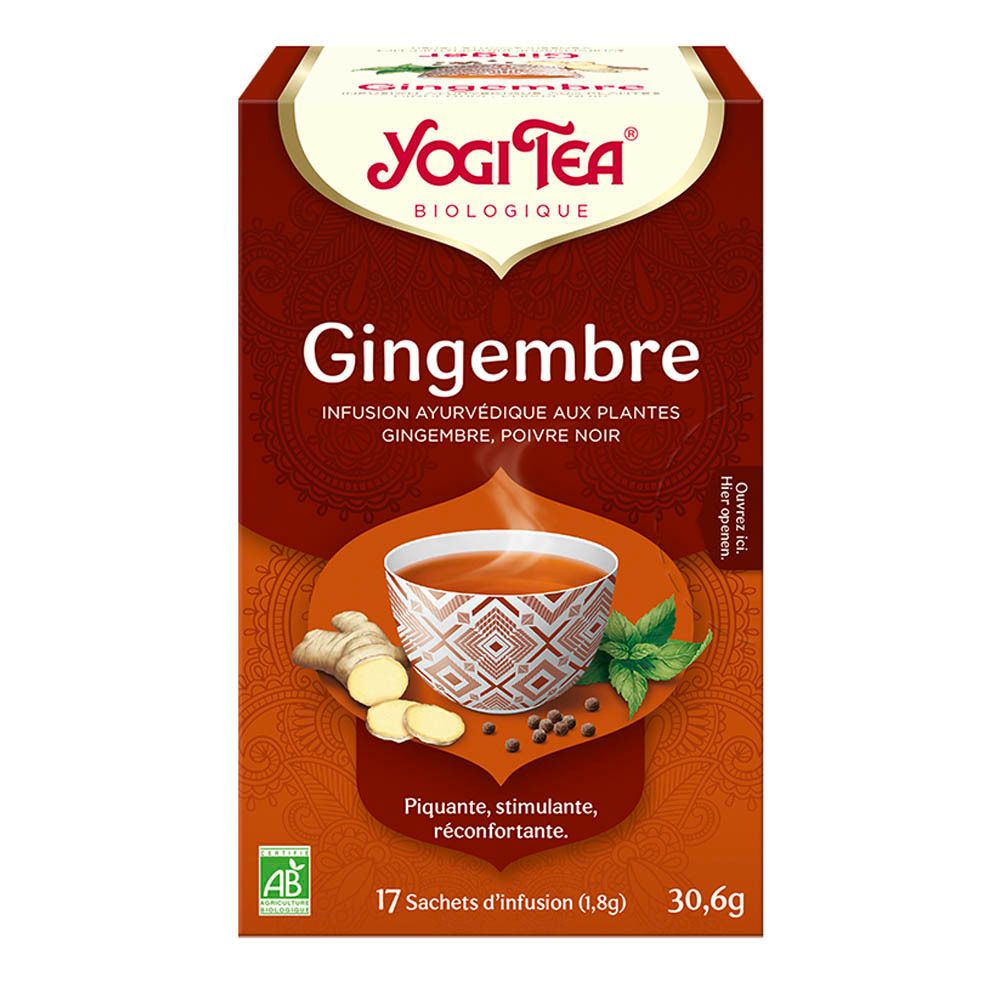 Boîte de Yogi Tea® Gingembre. Inscription: Gingembre, infusion ayurvédique. 17 sachets. Label AB. Texte en français.