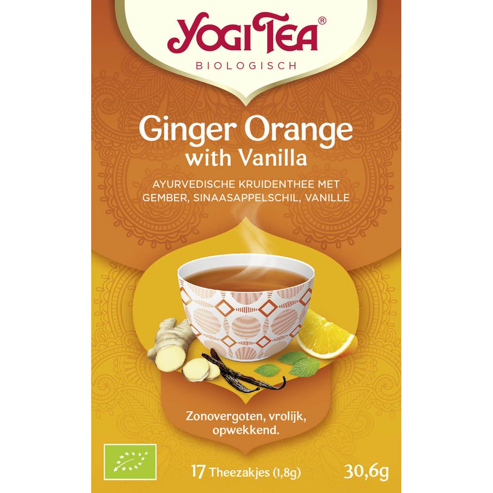 Yogi Tea® Gember Orange with Vanilla doos, 17 zakjes. Bio-keurmerk. Productafbeelding en tekst op de voorkant.