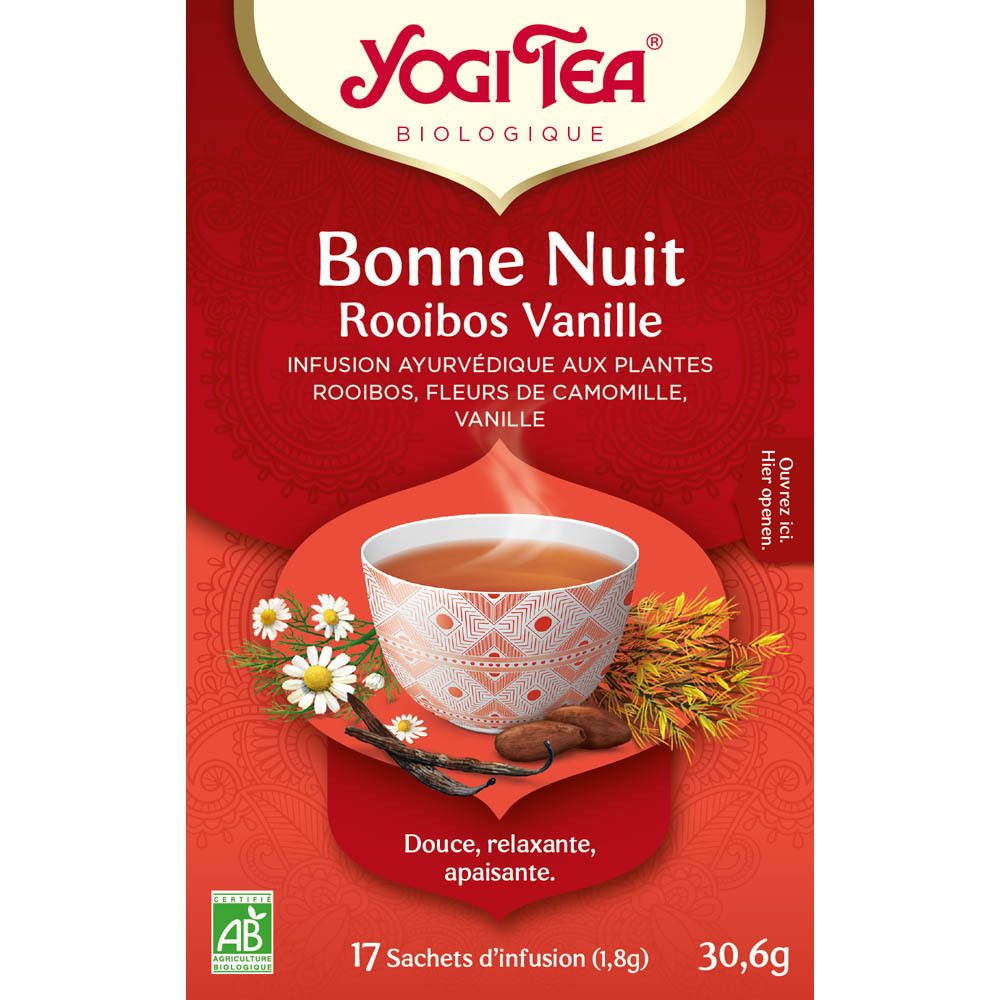Boîte rouge Yogi Tea Bonne Nuit Rooibos Vanille. 17 sachets, 30,6g. Logo AB. Illustration d'une tasse de thé.