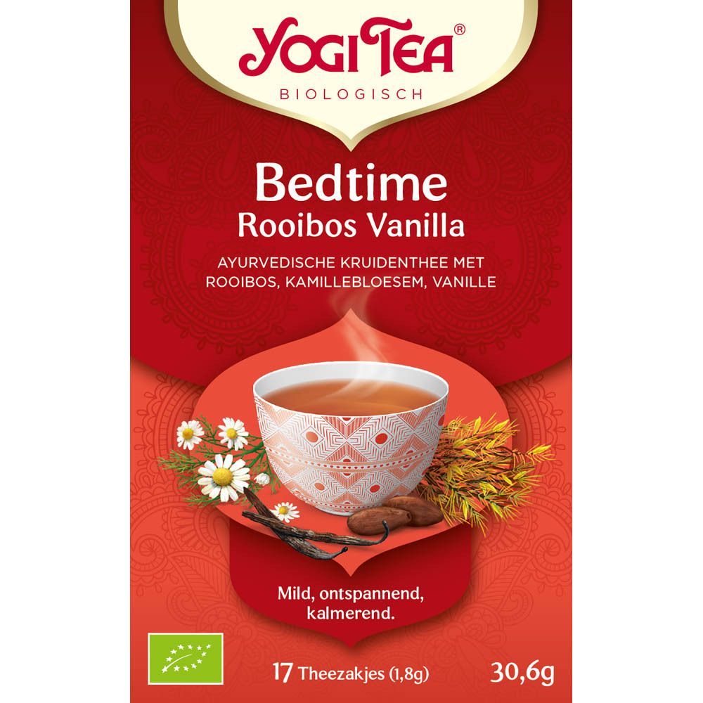 Rode doos Yogi Tea Bedtime Rooibos Vanille. 17 zakjes, 30,6g. Illustratie van een kopje thee.