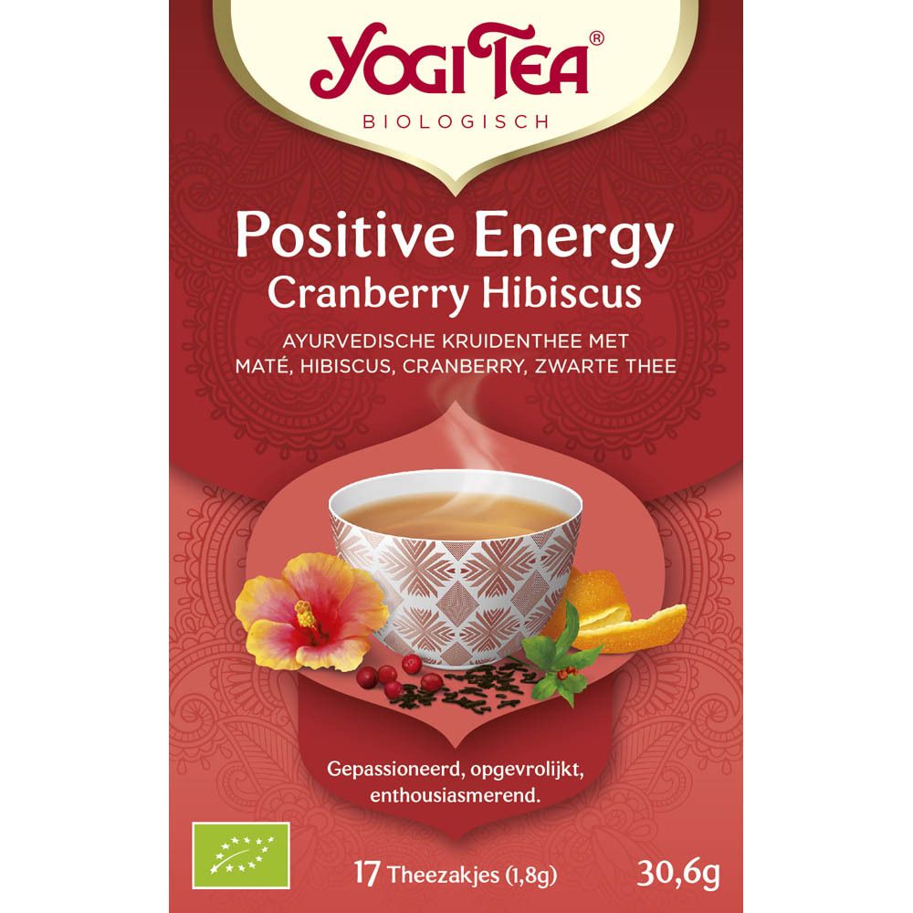 Yogi Tea® Positive Energy theedoos. Opschrift: Positive Energy, Cranberry Hibiscus. 17 zakjes. AB-logo.
