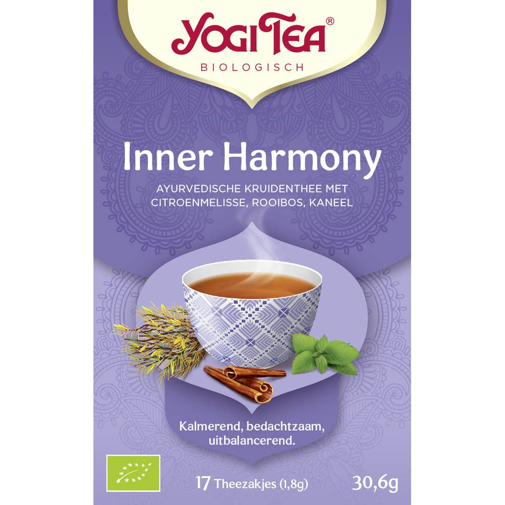 Yogi Tea® Inner Harmony doos. Illustratie van theezakjes. Ingrediënten: Citroenmelisse, Rooibos, Kaneel. 17 zakjes, 30,6g. Bio-keurmerk.