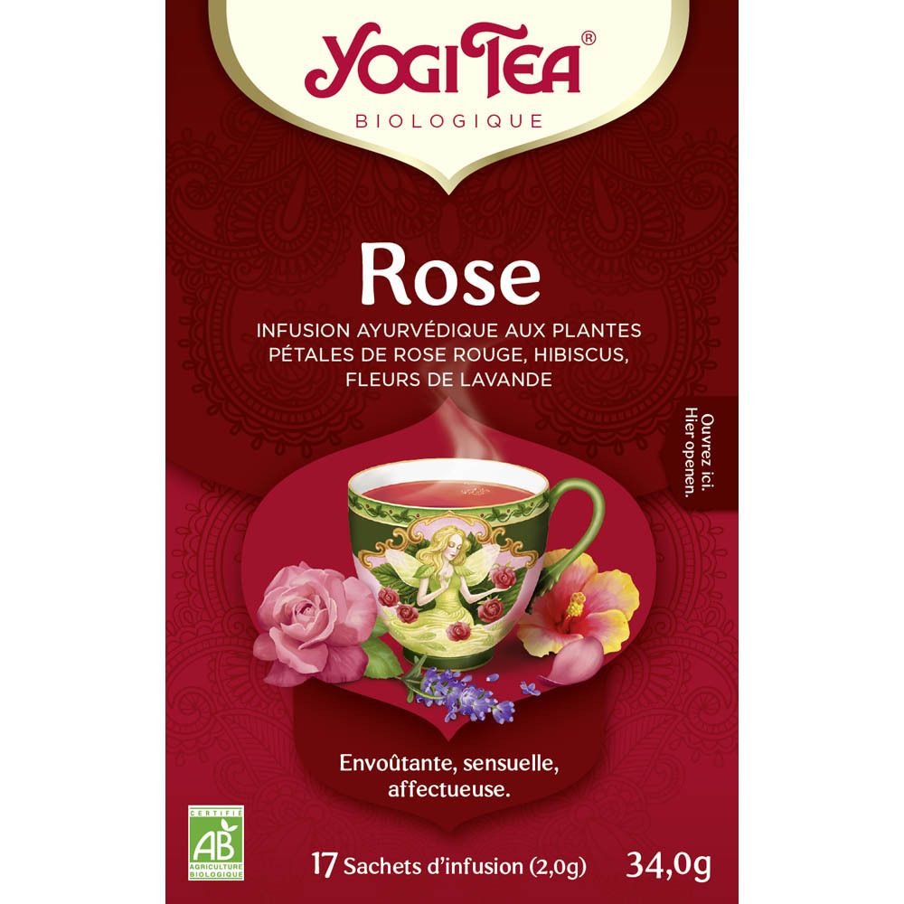 Boîte de Yogi Tea® Rose. Rouge. Nom du produit et image d'une tasse de thé. 17 sachets.