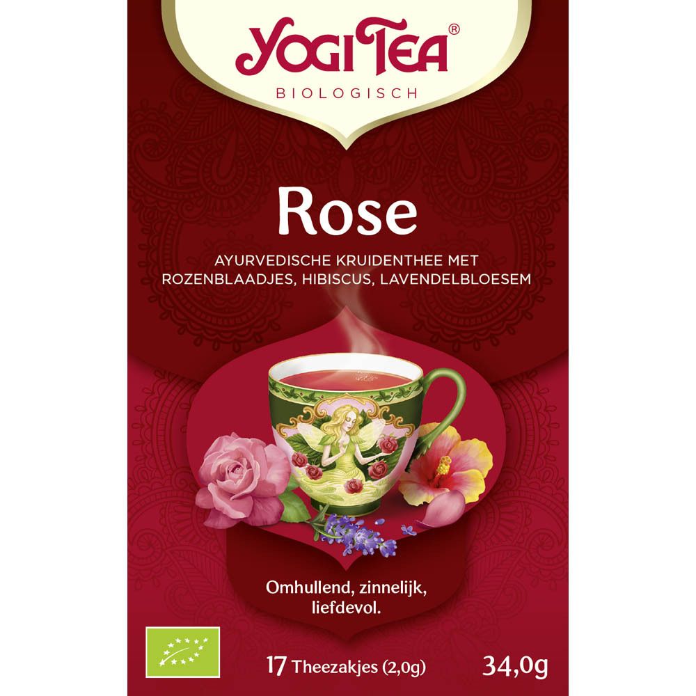 Yogi Tea® Rose-verpakking. Rode doos met productnaam en afbeelding van een kopje thee. 17 zakjes.