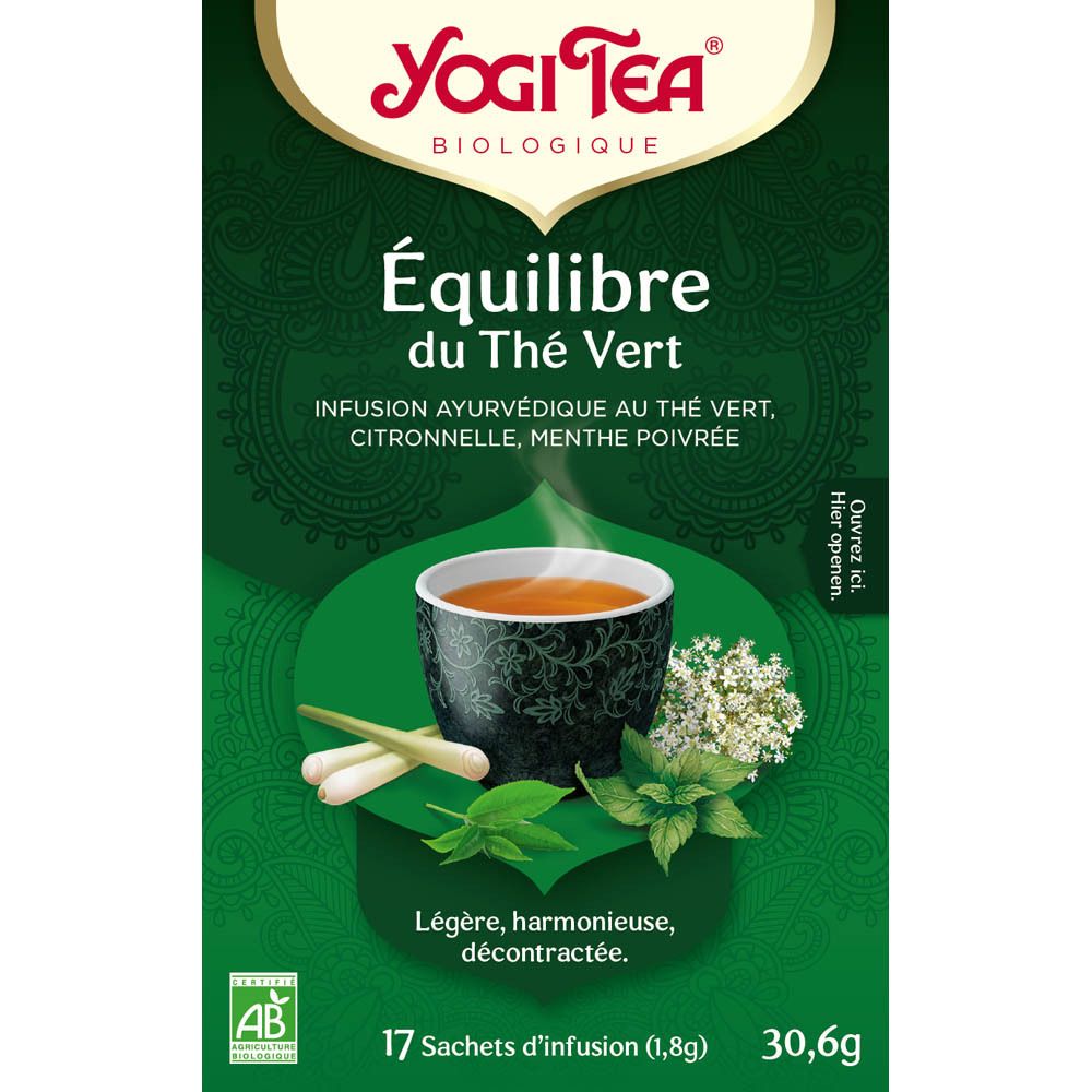 Boîte de thé Green Balance. Logo Yogi Tea. Inscription française : Équilibre du Thé Vert. 17 sachets, 30,6g. Label AB.