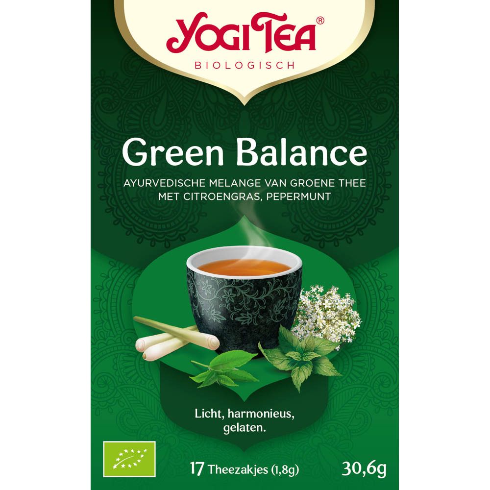 Groene thee Balance doos. Yogi Tea logo. Nederlandse tekst: Green Balance. 17 zakjes, 30,6g. Bio-keurmerk.