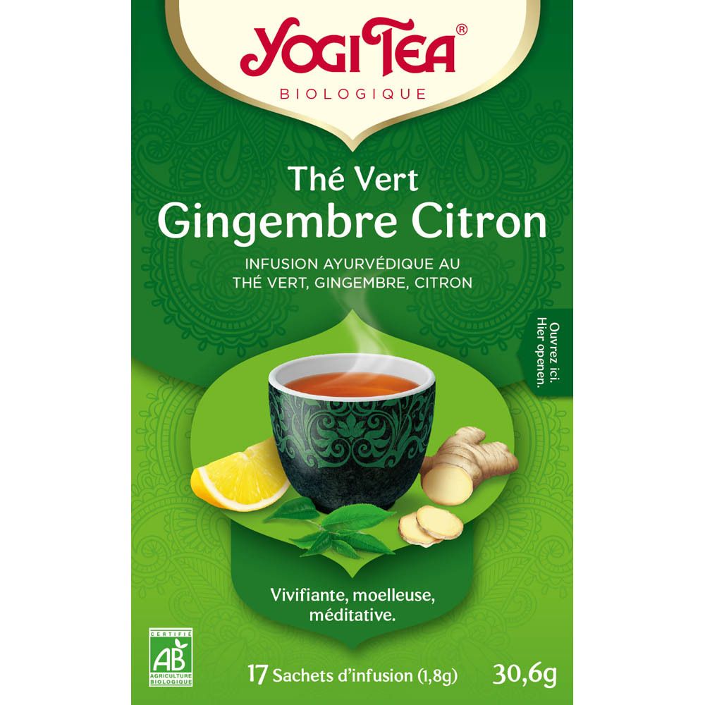 Thé Vert Gingembre Citron. Boîte de thé avec logo et nom du produit. 17 sachets, 30,6g. Label AB.