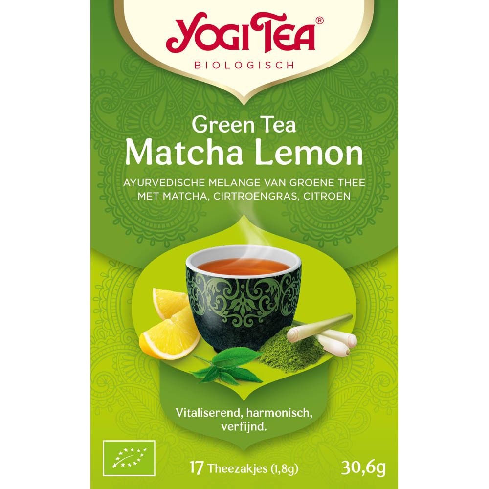 Voorkant van de theedoos. Yogi Tea, groene thee Matcha Citroen. 17 zakjes, 30,6g.