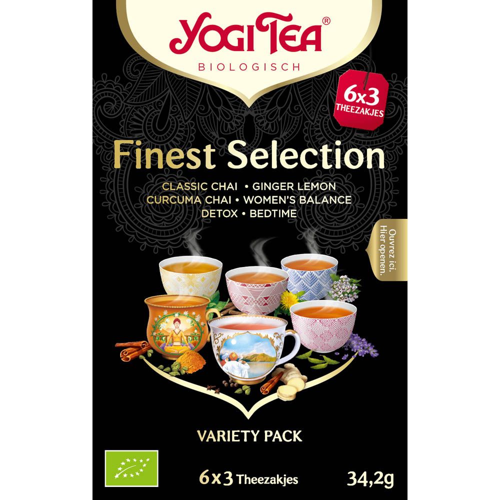 Yogi Tea® doos met 6x3 zakjes. Opschrift: Finest Selection. Bevat Classic, Ginger Lemon, Curcuma Chai, Women's Balance, Detox, Bedtime.
