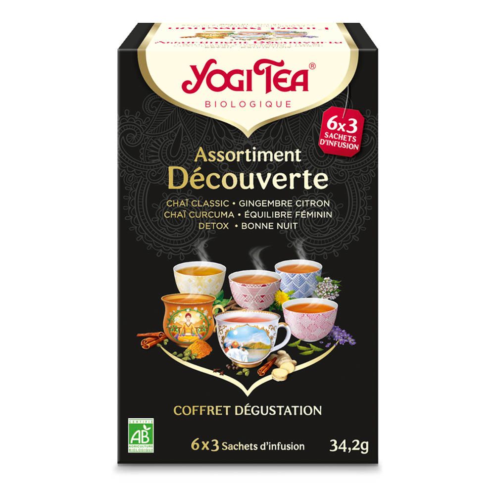 Boîte Yogi Tea® avec 6x3 sachets. Inscription: Assortiment Découverte. Contient Classic, Gingembre Citron, Chai Curcuma, Équilibre Féminin, Detox, Bonne Nuit.