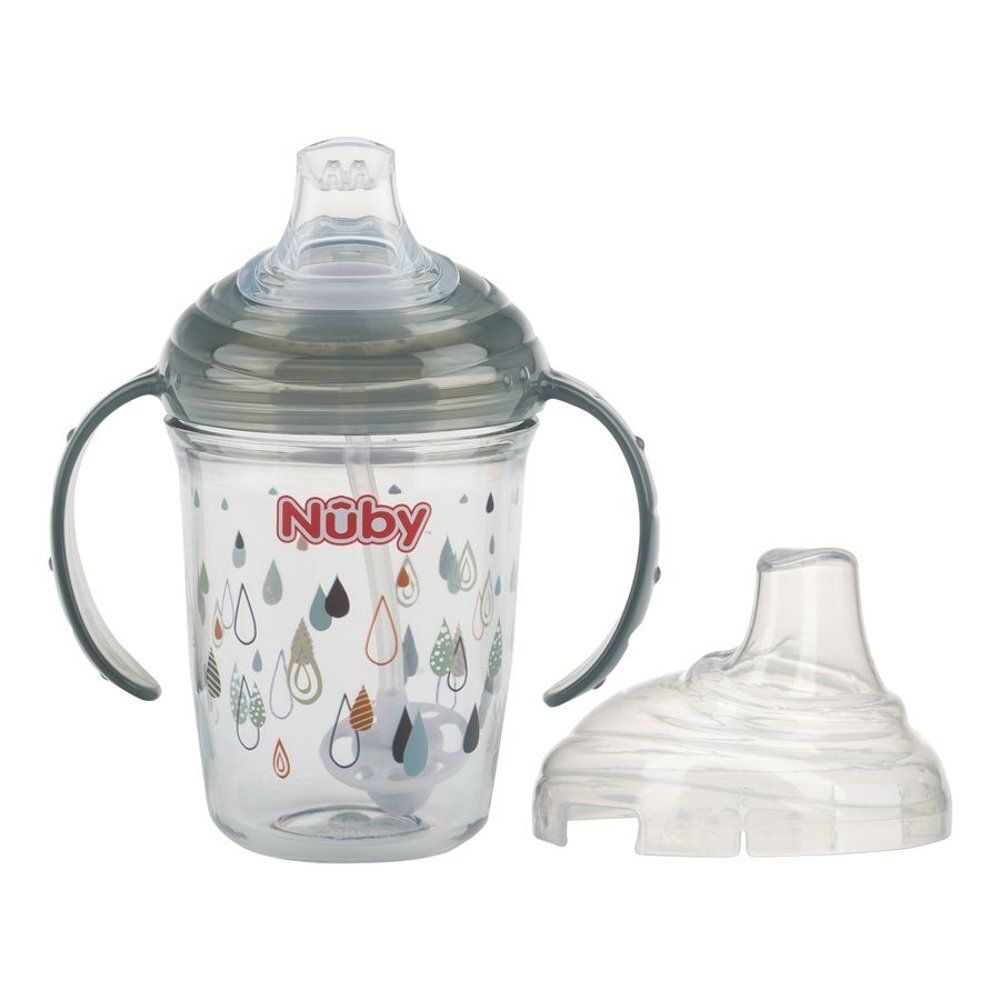 Beker met deksel en handvatten. Grijs deksel, transparante beker met regendruppelmotief. Merk Nûby.