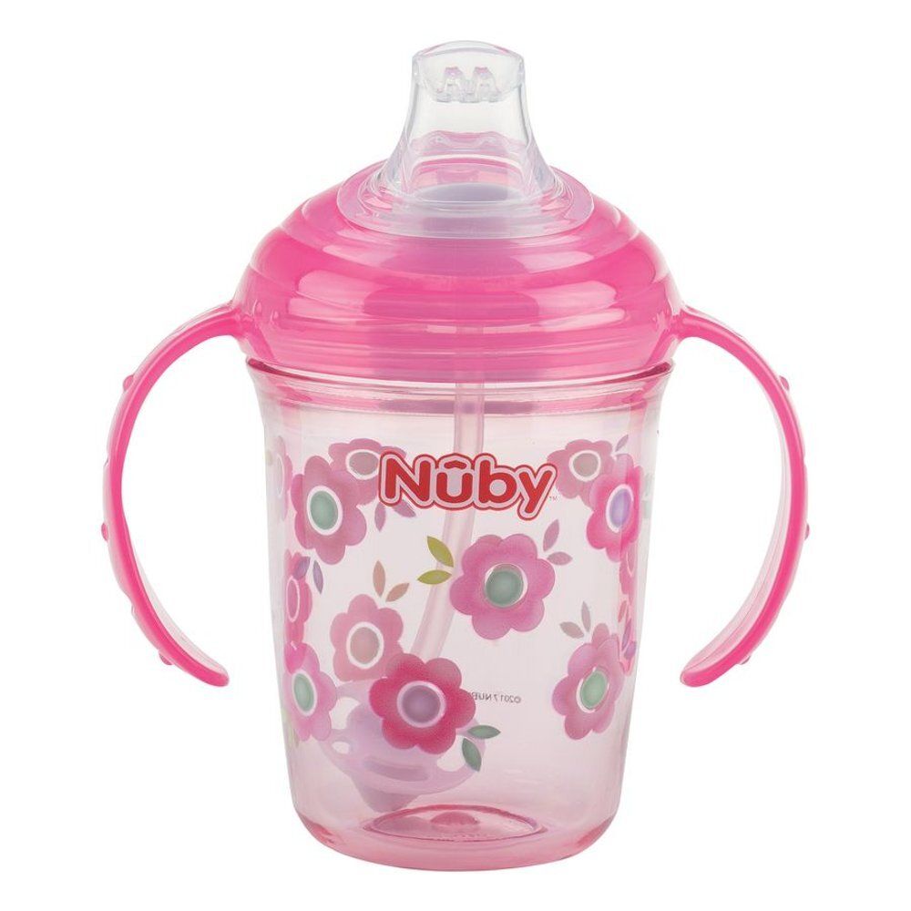 Gobelet rose avec couvercle et poignées. Motif floral et marque Nûby.