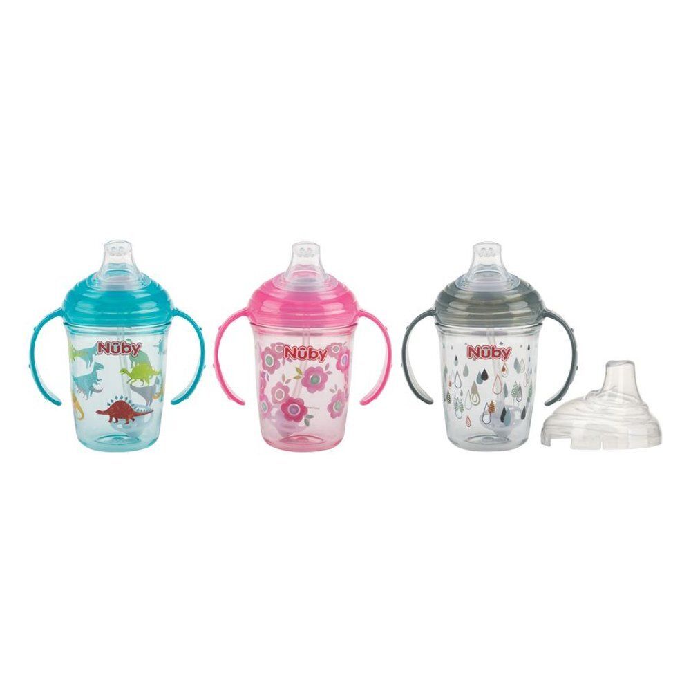 Drie bekers met deksels en handvatten. Blauw, roze en grijs. Merk Nûby. Een deksel apart.