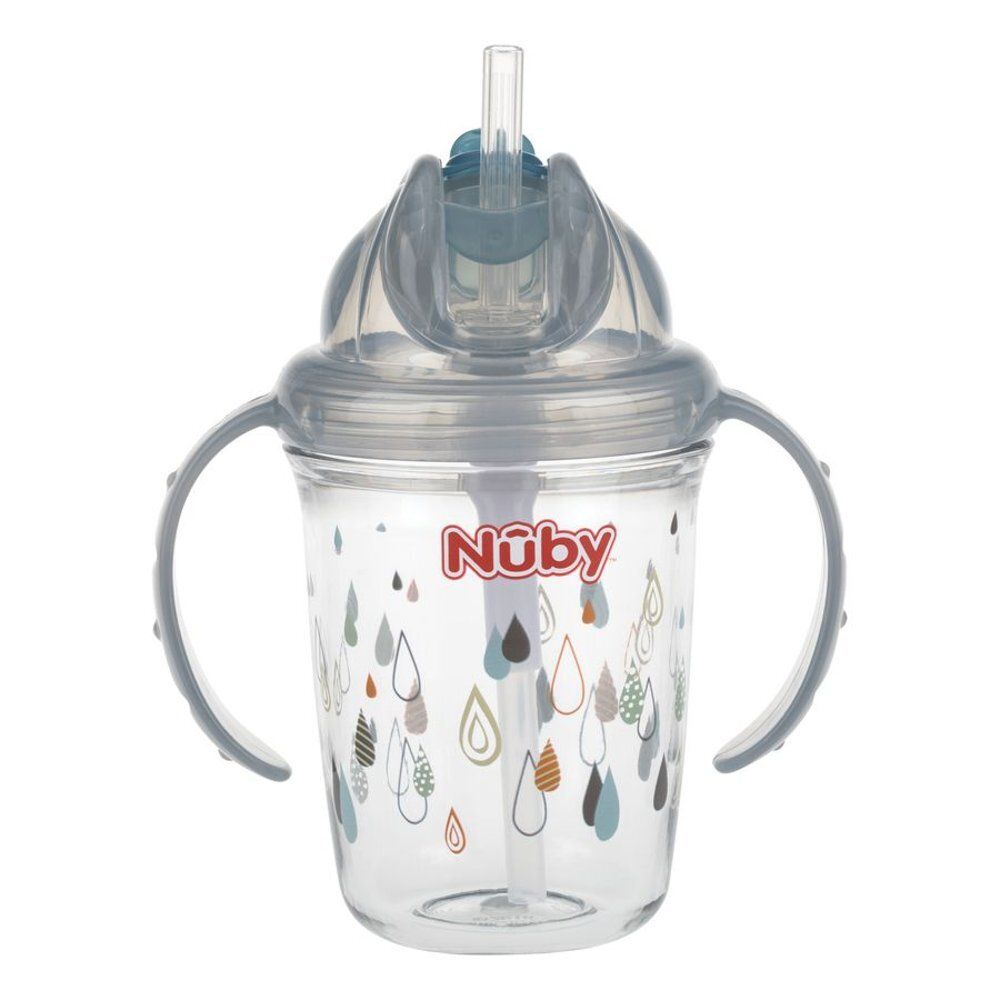 Gobelet gris avec poignées et couvercle. Motifs gouttes. Marque Nûby.