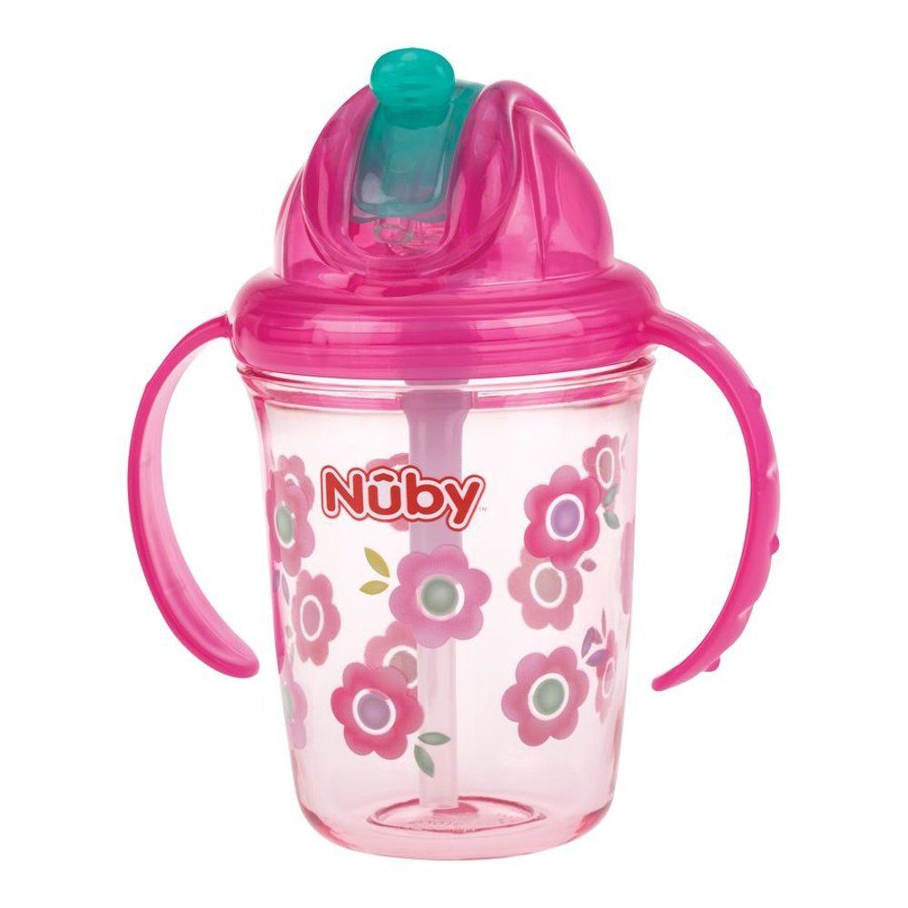 Roze beker met handvatten en deksel. Bloemenpatroon. Merk Nûby.