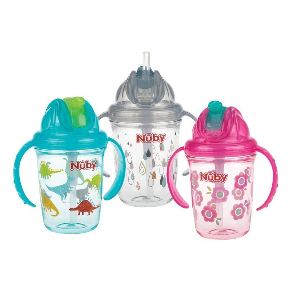 Trois gobelets. Bleu, gris et rose. Marque Nûby.