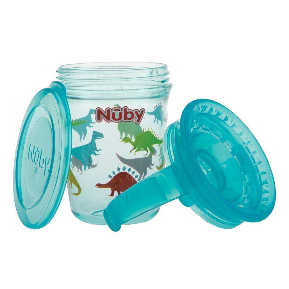 Gobelet Nûby 360° Wonder Cup avec couvercle et embout. Bleu, motif dinosaures. Couvercle et embout détachés.
