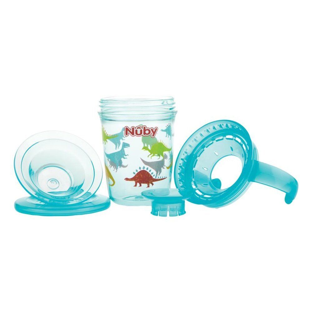 Nûby 360° Wonder Cup met deksel en drinktuit. Blauw, dinosauruspatroon. Onderdelen ernaast.