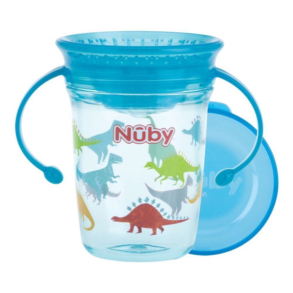 Nûby 360° Wonder Cup met handvatten. Blauw, dinosauruspatroon. Deksel gedeeltelijk open.