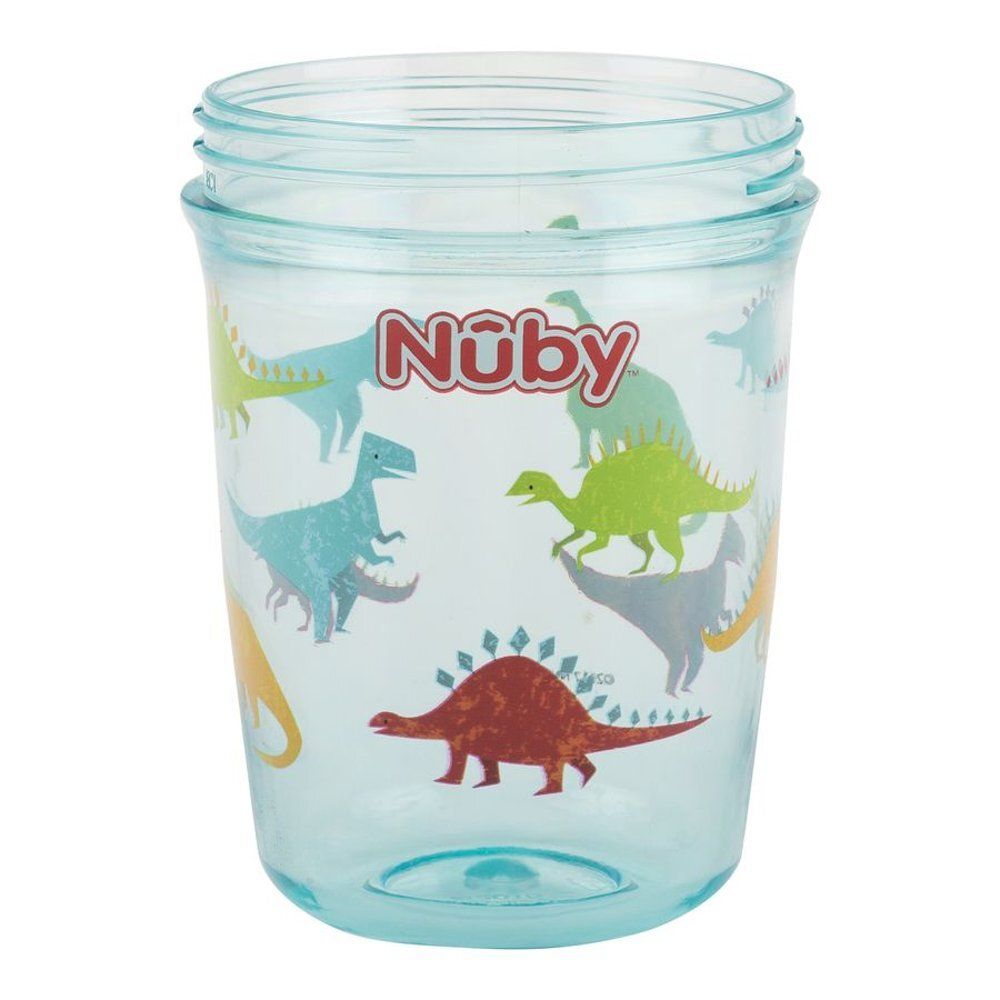 Gobelet Nûby 360° Wonder Cup. Bleu, motif dinosaures. Logo Nûby.