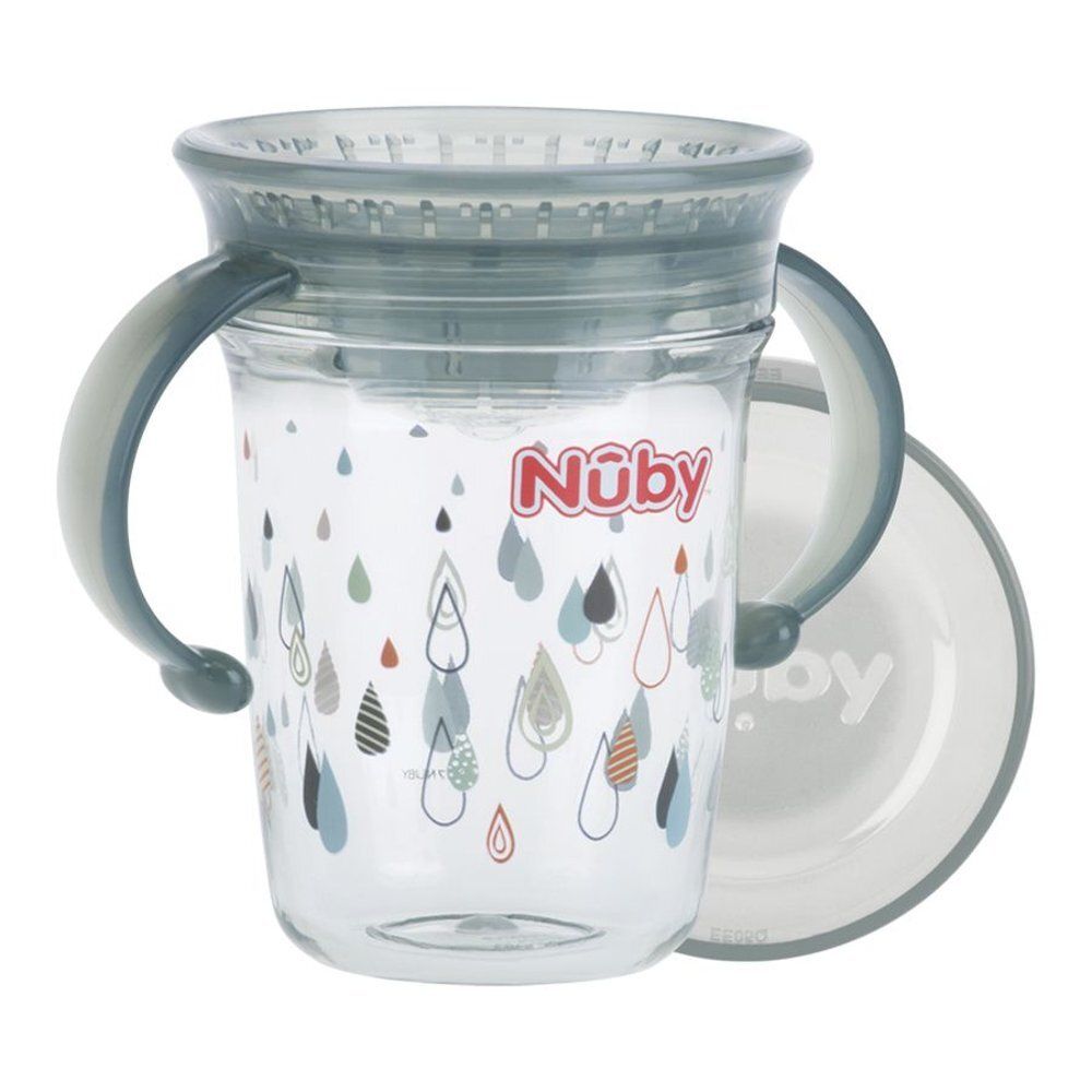 Gobelet gris avec anses et couvercle. Récipient transparent avec motif de gouttes colorées. Inscription rouge Nûby.