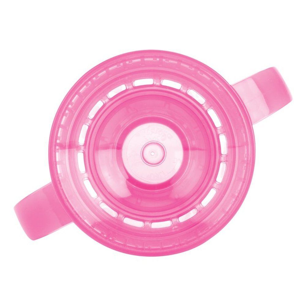 Couvercle de gobelet rose avec poignées, vue de dessus. Forme ronde avec ouvertures et deux poignées.