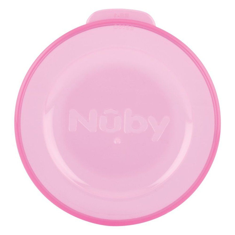 Roze bekerbodem met reliëflogo. Ronde vorm met de merknaam Nûby.