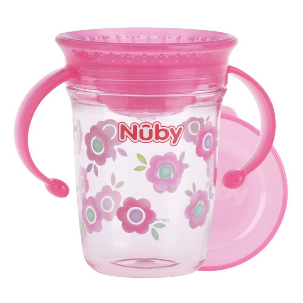 Roze drinkbeker met handvatten en deksel. Transparant materiaal met bloemenpatroon en Nûby-logo.