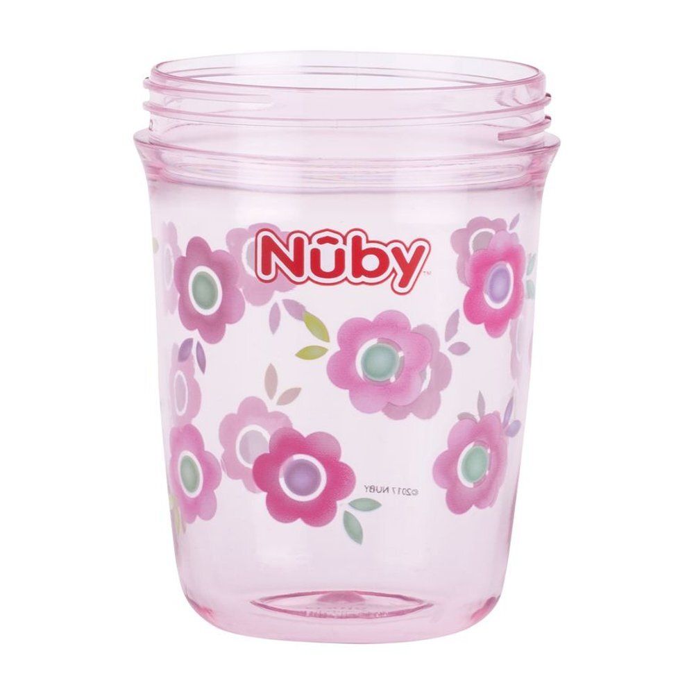 Gobelet rose avec motif floral et logo Nûby. Gobelet transparent sans couvercle ni poignées.