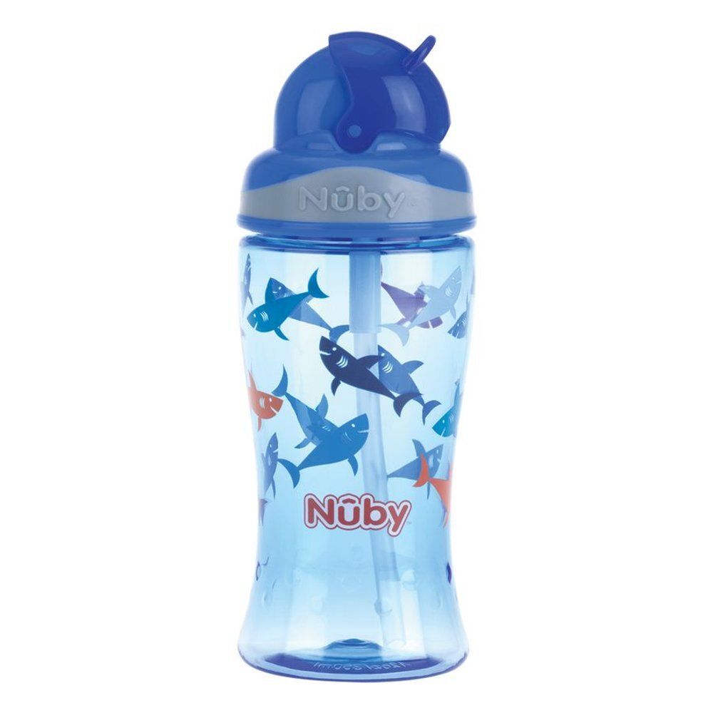 Blauwe transparante drinkfles met haaienmotief. Deksel en rietje. Merk Nûby.