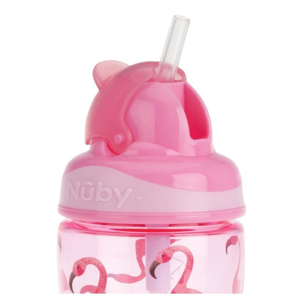 Gobelet rose avec couvercle rabattable et paille. Logo Nûby. Motif flamant rose.