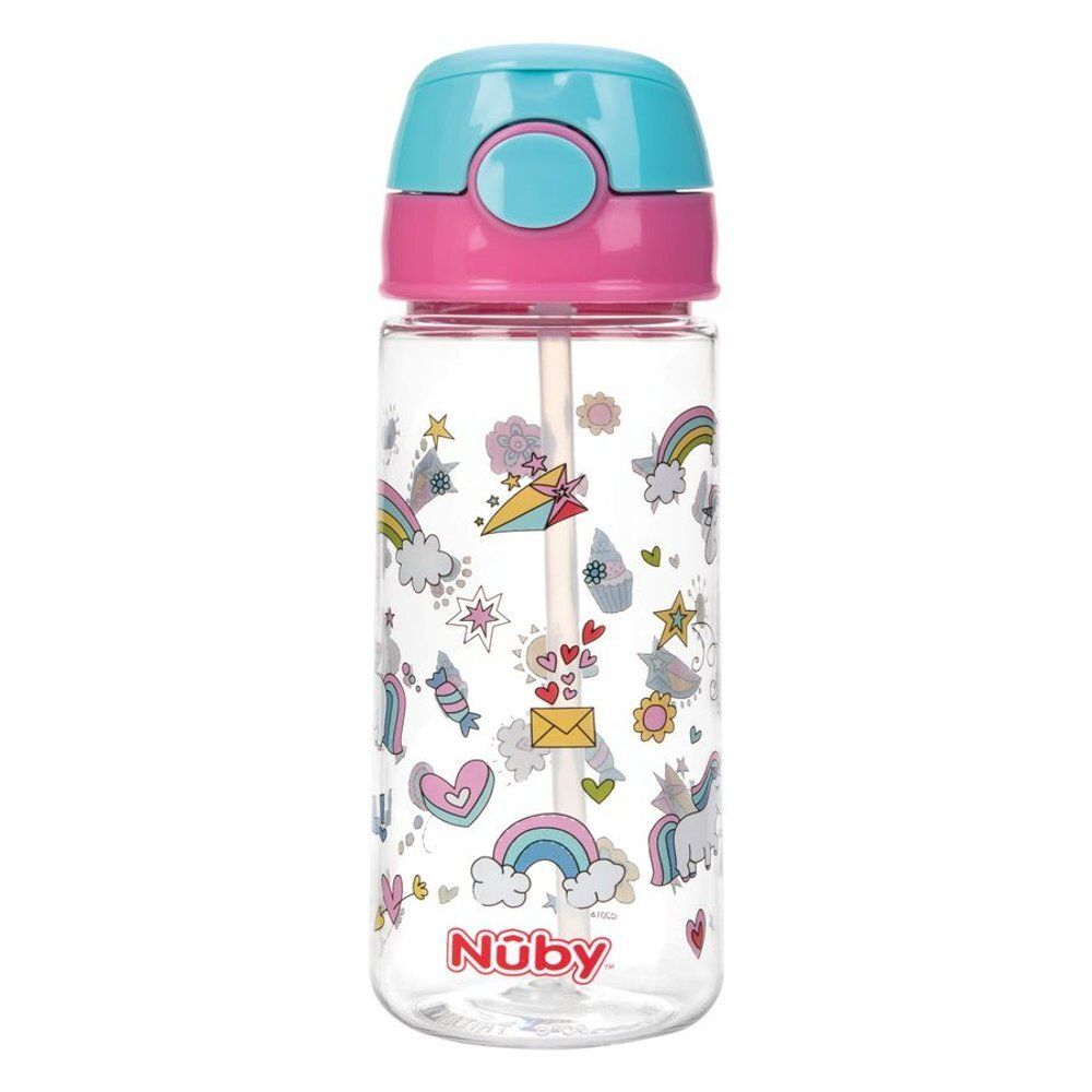 Roze en blauwe drinkfles met rietje. Transparante fles met kleurrijke stickers. Merk Nûby.