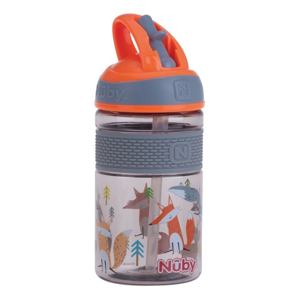 Oranje drinkfles met handvat. Transparante fles met vossenmotief. Merk Nûby.