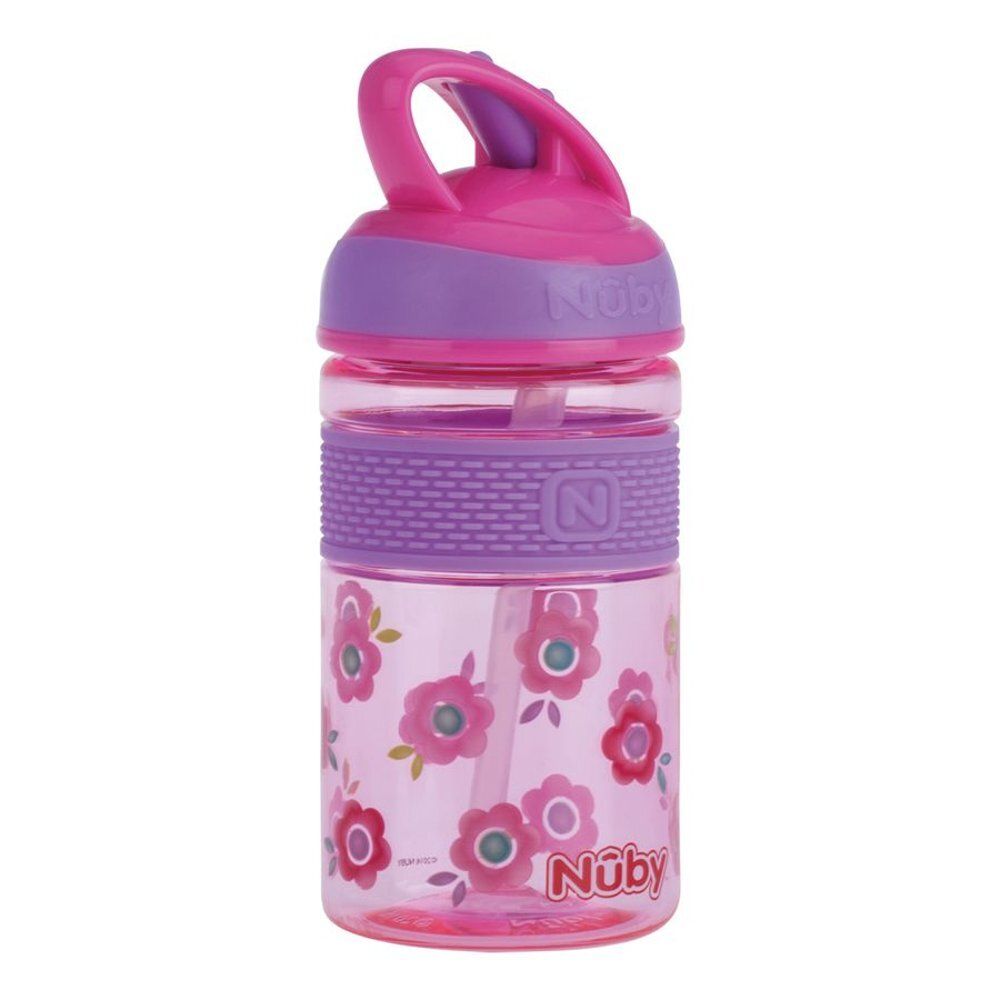 Drinkfles met roze dop en handvat. De transparante houder is bedrukt met bloemen. Merk Nûby.