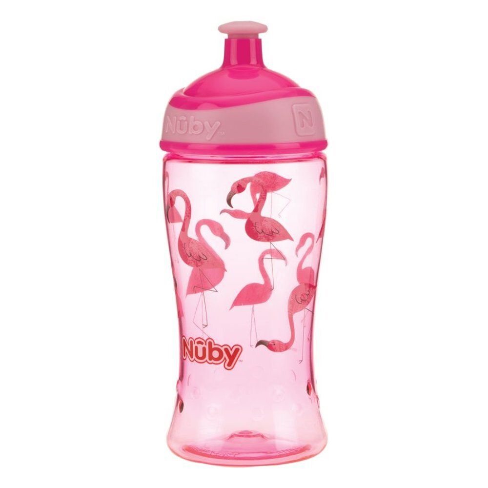 Gourde rose avec motifs flamants roses. Le bouchon est rose. Le nom "Nûby" est visible sur la gourde.