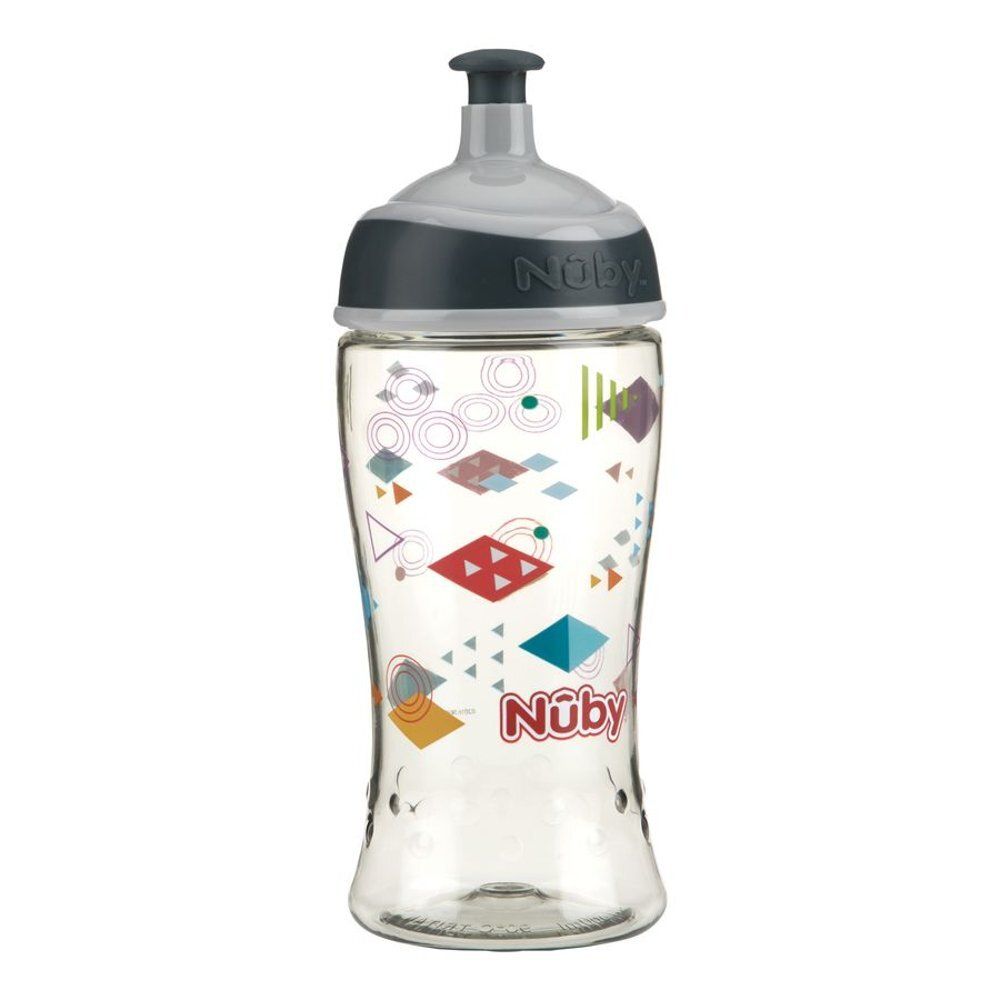 Drie drinkflessen: blauw met haaien, roze met flamingo's, transparant met geometrische patronen. "Nûby" zichtbaar.