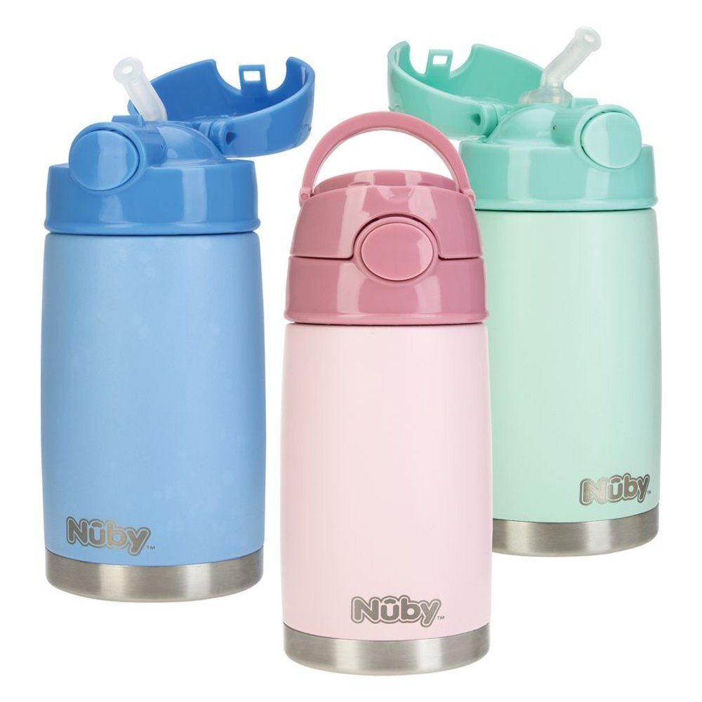 Trois gourdes colorées. Bleu, rose et vert. Avec couvercle, paille et anse. Marque Nûby.