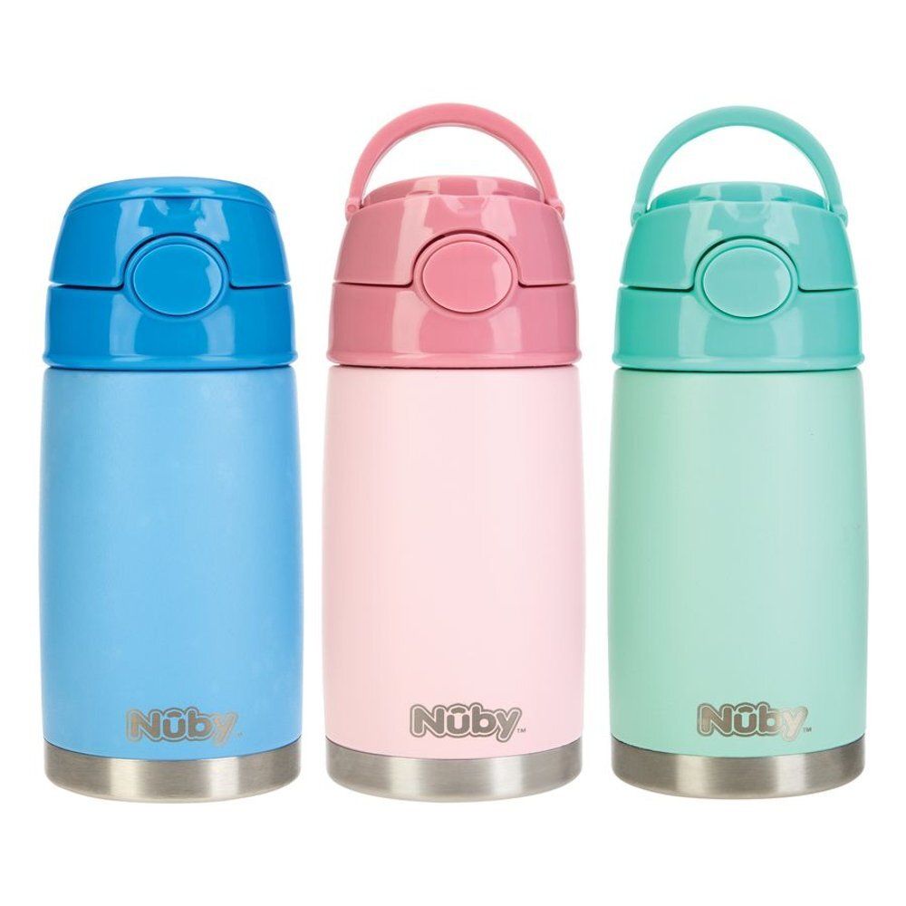 Drie gekleurde drinkflessen. Blauw, roze en groen. Met deksel en handvat. Merk Nûby.