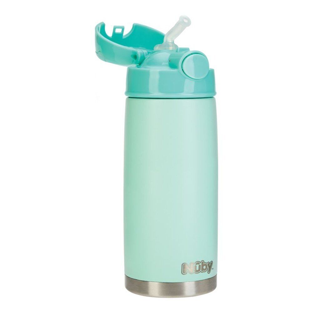 Gobelet isotherme vert clair avec paille et couvercle rabattable. Base en acier inoxydable, corps vert clair, couvercle vert clair. Marque Nûby.