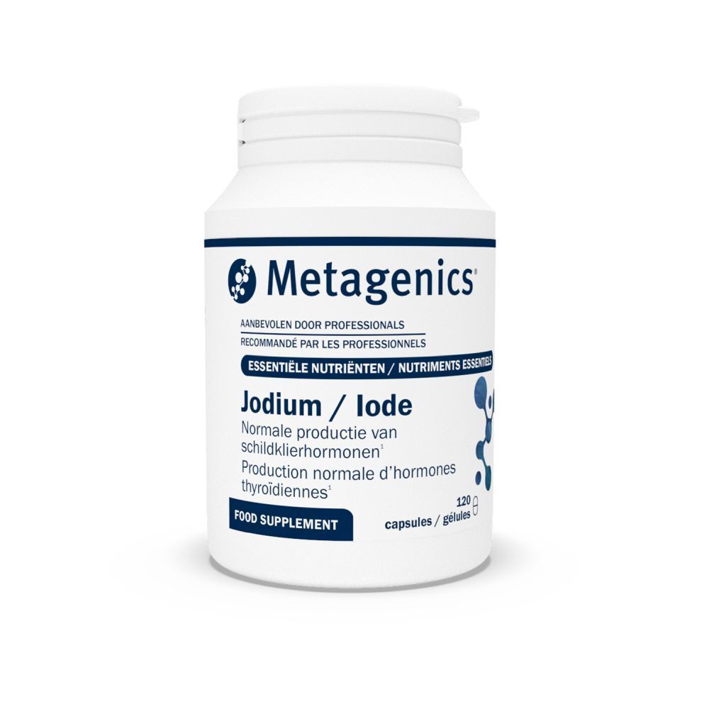 Flacon blanc Metagenics, Jodium. 120 gélules. Essentiel pour les hormones thyroïdiennes.