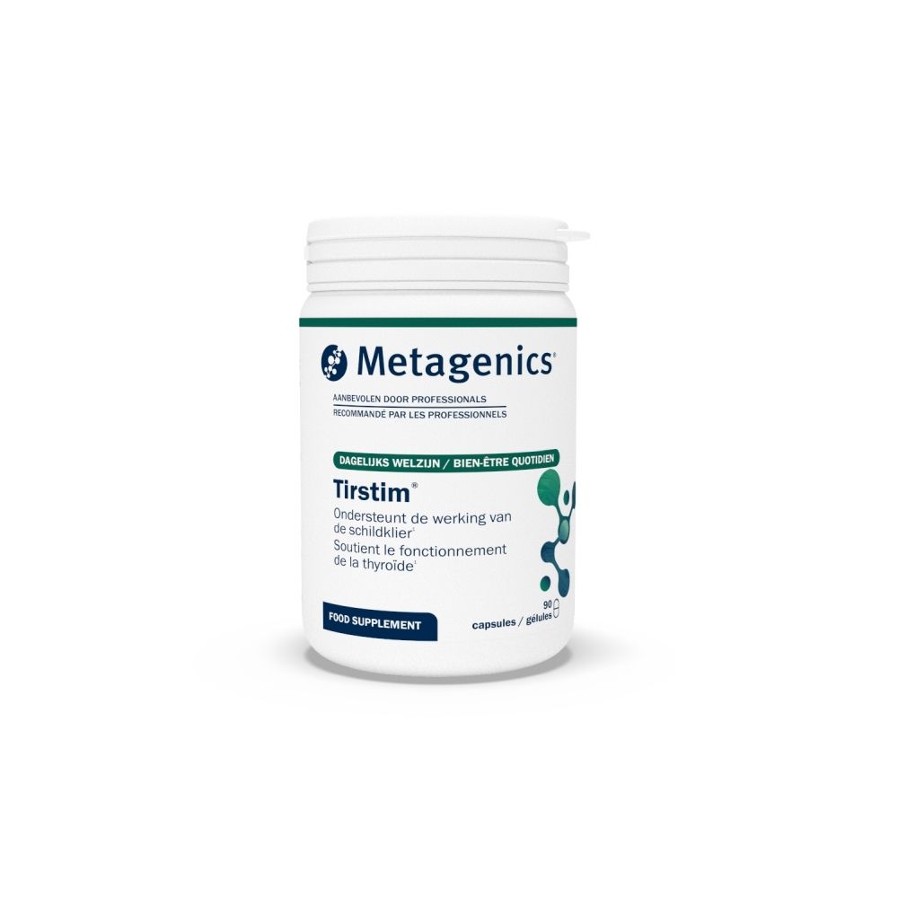 Witte pot Metagenics TirStim. Bevat 90 capsules. Logo en productnaam.