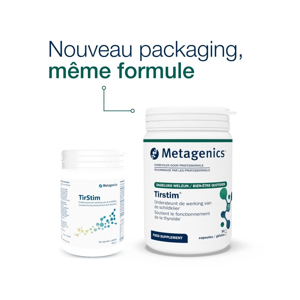 Flacon blanc Metagenics TirStim. Dos avec texte.