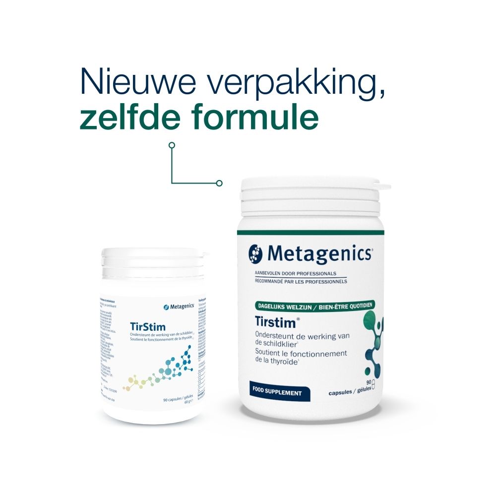 Witte pot Metagenics TirStim. Achterkant met tekst.