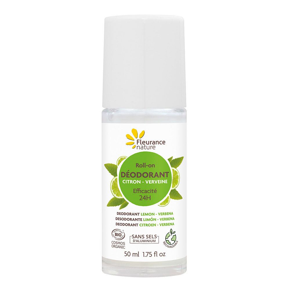 Déodorant roll-on, liquide transparent, bouchon blanc. Étiquette avec nom du produit, Citron-Verveine, 24H.